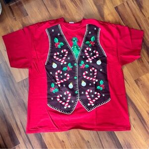 Festive Red Men’s Ugly Christmas Vest & Tie Print Shirt with Candy Cane Design